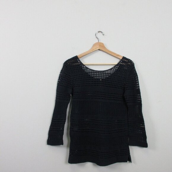 Club Monaco Open Knit Sweater Top Women S Crochet Black Cotton Blend Luxury 276 - Picture 1 of 11